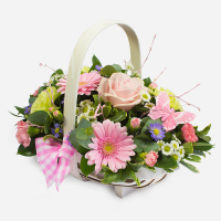 Pretty Perfect - It’s pretty. It’s perfect. A floral basket overflowing with pastel-shaded picks, neatly arranged with foliage and topped with a bow*. An ideal gift, whatever the occasion. (*Available in pink or blue)
