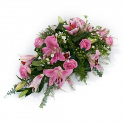 Single Ended Spray (Pink) - Gorgeous pink single ended spray. A beautiful funeral tribute including pink lilies and pink roses. Please advise the florist of requested colour scheme if you would like to change it.