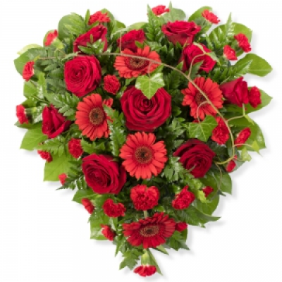 Heart Shaped Tribute (Dark) - Traditional funeral heart. A massed heart in crafted in red roses and gerberas.