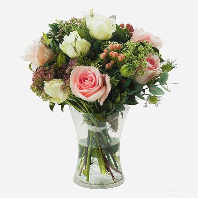 Vintage Flowers - Soft shades make this elegant glass Vase of luxury flowers the perfect gift .
