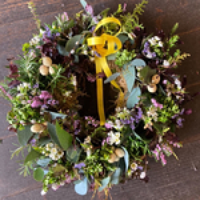 Fresh Easter Wreath - Long lasting spring selection of fresh flowers on a 12” oasis ring suitable for hanging or table centre.